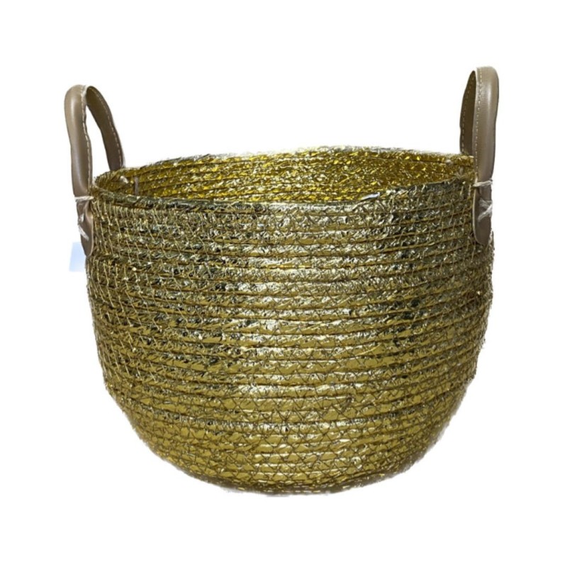 Χρυσό πανέρι στρογγυλό με δερμάτινα χερούλια (3Φ+)