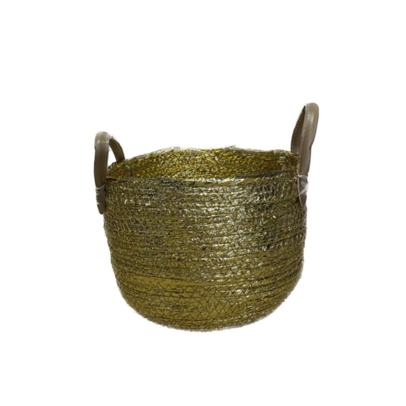 Χρυσό πανέρι στρογγυλό με δερμάτινα χερούλια (2Φ)